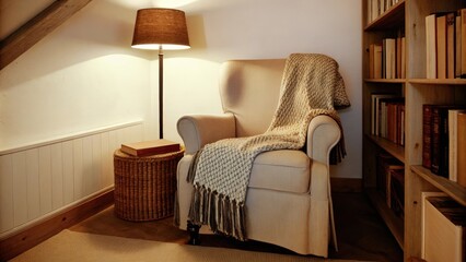 Aufkleber - A cozy reading nook in a corner showcasing a plush armchair with a knitted blanket draped over it a small side table made from reclaimed wood and a floor lamp that casts a gentle