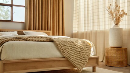 Aufkleber - A calming bedroom with a platform bed draped in neutral linens and an oversized knit throw at the foot. A tall slender vase with dried flowers sits atop a minimalist wooden