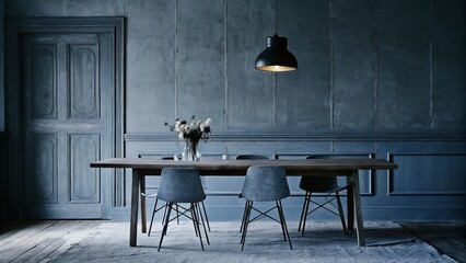 Poster - An inviting dining area with a long wooden table set for four. Simple handcrafted chairs encircle the table and a minimalist centerpiece of seasonal flowers rests on a muted linen