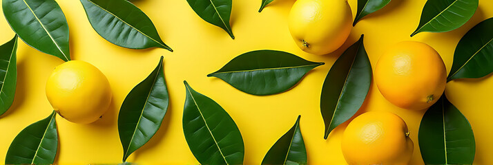 Poster - A natural pattern featuring overlapping leaves from lemons and oranges forms a colorful background for flat lays of fresh produce._00002_