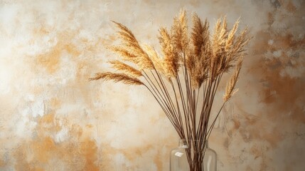 Poster - Dry fluffy grass stems in a clear glass vase against a textured wall for modern interior decoration with a warm aesthetic ambiance