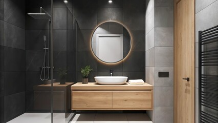 Aufkleber - A compact bathroom featuring a floating vanity with a vessel sink surrounded by neutral tiles. A frameless glass shower enclosure and a large round mirror enhance the feeling of