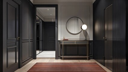 Aufkleber - An inviting entryway featuring a sleek console table with metallic accents a large round mirror and a minimalist coat rack punctuated by a bold area rug that adds texture and