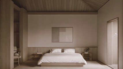 Aufkleber - A serene bedroom with a platform bed dressed in crisp white linens flanked by simple wooden nightstands. A single abstract painting hangs above the bed while a small minimalist