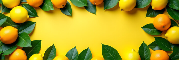 Poster - A natural pattern featuring overlapping leaves from lemons and oranges forms a colorful background for flat lays of fresh produce._00003_