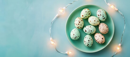 Poster - Easter themed quail eggs on green plate with light bulbs on blue background perfect for seasonal decoration and celebration imagery