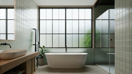 Poster - A stylish bathroom featuring a freestanding soaking tub and a frameless glass shower. The walls are tiled in soft hues and a large window provides natural light while maintaining