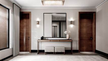 Poster - A stylish entryway boasting a large wallmounted mirror reflecting soft light from a sleek overhead fixture. A minimalist console table holds a few carefully p accessories while a