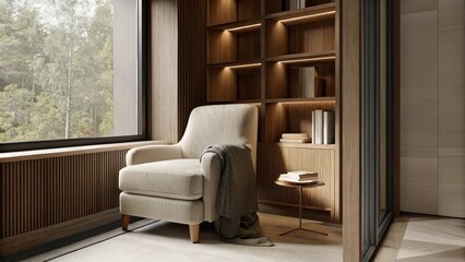 Poster - A tranquil reading nook featuring a plush oversized armchair near a tall bookshelf with warm wood accents and a soft throw draped over a side table all bathed in soft afternoon
