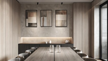 Poster - An elegant dining area with taupe walls and a long dark wooden dining table set for six. The room is accented with pale stoneware and delicate glassware while muted artwork hangs