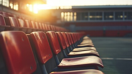 Poster - Stadium seating rows with empty red chairs illuminated by warm sunset light creating a serene and tranquil atmosphere