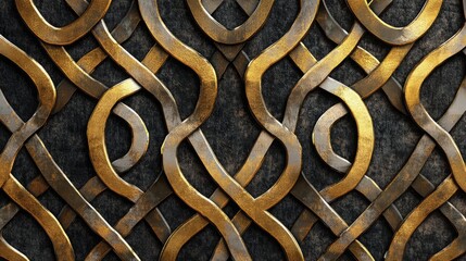 Poster - Elegant metal ornament pattern with interwoven golden and silver elements on a textured dark background for creative design applications.