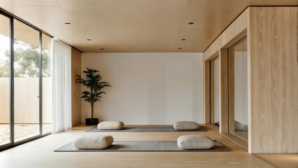 Aufkleber - A bright yoga room featuring light wooden floors and minimalistic decor. Large floor cushions in soft fabrics invite relaxation while an indoor plant positioned in the corner adds