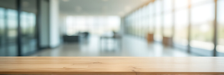 Aufkleber - A modern wood table sits atop a blurred white glass wall in an office building, ideal for product display and visuals._00004_