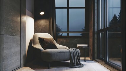 Aufkleber - A calming reading nook set next to a large window furnished with a single comfortable armchair and a small round side table topped with a book creating an inviting space for quiet