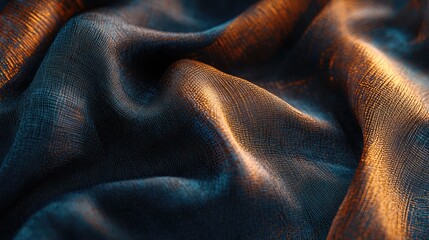 Poster - Elegant silk fabric texture with intricate folds and a play of light, showcasing deep blue and warm golden hues for luxurious designs.