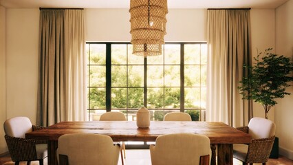 Poster - A tranquil dining room with a large rustic wood dining table surrounded by mismatched chairs in earthy tones illuminated by a natural fiber chandelier and large windows offering a