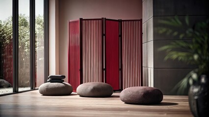Poster - A peaceful meditation space featuring soft floor cushions a delicate wooden screen ample natural light streaming in and a collection of stones and plants that promote a sense of