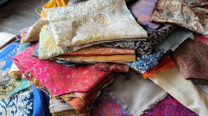 Poster - Colorful fabric swatches stacked together showcasing diverse textures and patterns in a creative workspace setting for textile design projects