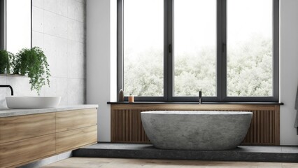 Aufkleber - A tranquil bathroom adorned with a freestanding stone bathtub wooden accents throughout and a large window allowing natural light to flood in highlighted by simple greenery on the