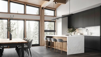 Aufkleber - An openconcept kitchen and dining area with light wood cabinetry and a large island topped with smooth white stone complemented by sleek bar stools a rustic wooden dining table