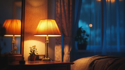 Poster - Cozy modern bedroom interior with warm lamp reflection and elegant decor in soft evening light ambiance