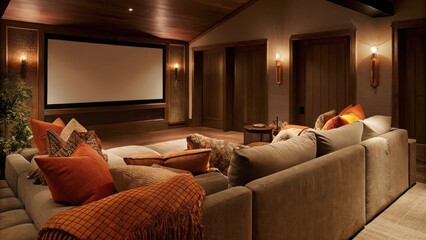 Poster - An intimate home theater space features a plush oversized sectional with a mix of vibrant and neutral throw pillows a large screen mounted on the wall and soft ambient lighting