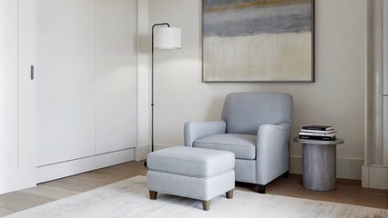Aufkleber - A calming reading nook nestled in a corner featuring a plush light gray armchair with a matching footstool. A small side table with a stack of books sits nearby illuminated by a