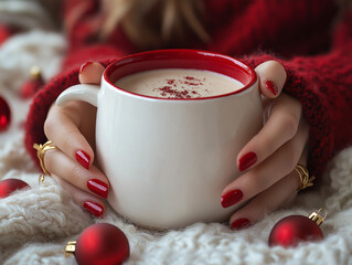 Wall Mural - A white coffee mug with red inside held by feminine hands with painted red nails. There are festive holiday elements. 