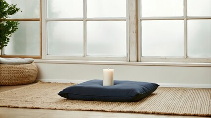 Aufkleber - A peaceful meditation area featuring a low cushion on a natural fiber mat surrounded by large windows letting in filtered light with a single candle as a focal point.