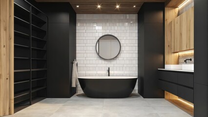 Poster - A stylish bathroom boasting a deep freestanding black bathtub surrounded by white subway tiles with a minimalist round mirror above a sleek black vanity contrasting against the