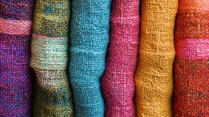 Poster - Vibrant Fabric Textures in Vivid Colors Displayed in a Neatly Stacked Arrangement for Textile Background Use