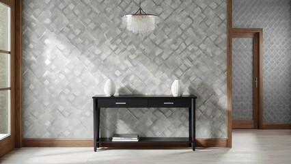 Poster - An entryway with a striking black console table adorned with white decorative objects set against a backdrop of textured gray wallpaper illuminated by a minimalist chandelier that