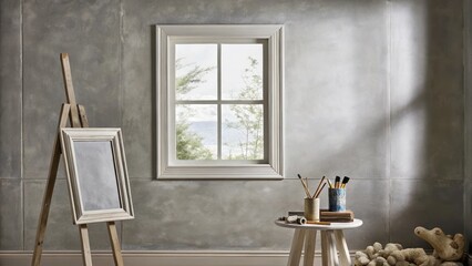 Poster - A charming studio space with soft gray walls and an easel facing a window where natural light floods in. A small table holds jars of paint and brushes while a collection of