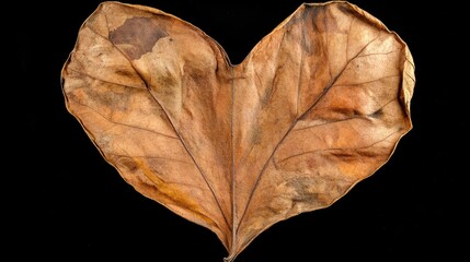 Poster - Dried heart-shaped brown poplar leaf on black background showcasing natural textures and autumn colors