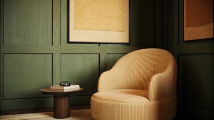 Poster - A peaceful reading nook tucked in a corner showcasing an oversized chair with soft curves a round coffee table and walls adorned with soothing softfocus art that enhance the