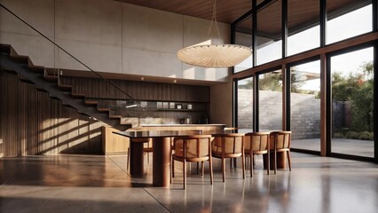 Poster - An airy dining area with a sleek glass table surrounded by sculpted wooden chairs accentuated by a large organicshaped light fixture hanging from the ceiling casting gentle shadows
