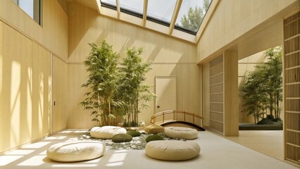 Poster - A cozy meditation corner in a contemporary loft featuring soft floor cushions and a small zen garden. Natural light filters through a skylight creating a peaceful ambiance filled