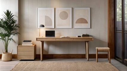 Poster - A stylish home office furnished with a large desk made of natural wood a comfortable jute rug underfoot and earthy wall art that features abstract shapes in muted tones.