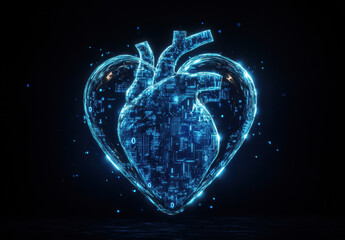 Poster - A glowing digital heart design stands out against a dark background, blending elements of technology and emotion. The intricate patterns suggest a connection between life and digital innovation.