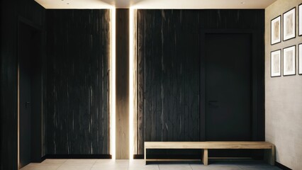 Poster - A spacious hallway featuring a striking elongated sculpture made of metal positioned against a textured wall with soft LED lighting highlighting its contours and an unadorned