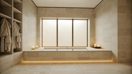 Poster - A luxurious spalike retreat includes a soaking tub under a large frosted window surrounded by soft beige tiles and a continuous gray stone backsplash. A small recessed shelf holds