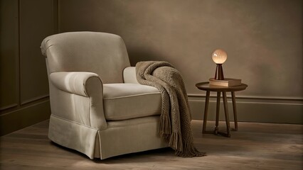 Aufkleber - A cozy reading nook featuring a plush light oatmeal armchair a knitted throw blanket draped casually over the side and a small round side table with an organicshaped lamp all