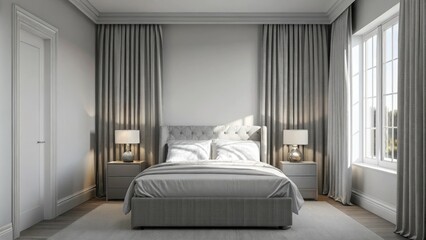 Aufkleber - A tranquil bedroom showcasing a muted gray palette with a large upholstered bed dressed in light linen flanked by simple nightstands holding minimalist lamps while curtains filter