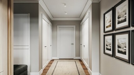 Poster - An understated hallway with soft cream walls a narrow runner rug made of delicate fibers and large framed blackandwhite photographs lining the walls emphasizing subtle tonal