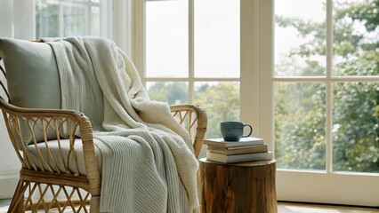 Poster - A tranquil reading nook featuring a large window with a view of nature a rattan armchair draped with a soft cotton blanket and a wooden side table holding a ceramic mug and a stack