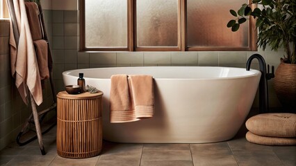 Poster - An inviting bathroom boasts a freestanding tub set against smooth white tiles. Natural light filters through frosted glass highlighting the gentle curves of coordinated neutral