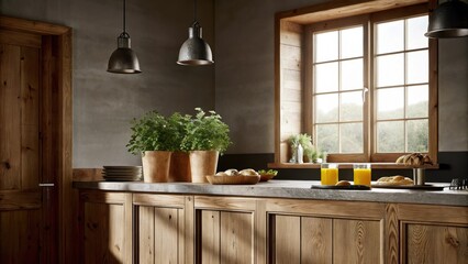 Aufkleber - A sunkissed kitchen with rustic wooden cabinets an island topped with a cozy breakfast spread and neatly arranged herbal pots in the window all enhanced by warm pendant lighting.