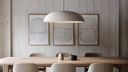 Poster - A tranquil dining area displays a solid oak table surrounded by elegantly simple chairs with soft rounded edges. A large matte surface pendant light hangs above illuminating a