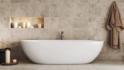 Aufkleber - A sophisticated bathroom with a freestanding soaking tub set against soft alabaster tiles. Simple yet elegant fixtures and muted earthtoned textiles create a serene atmosphere